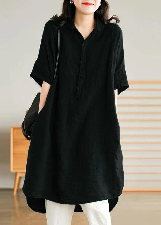 Jade orange stripes polka dots Linen Women Casual Linen Shirt Dress - Image 5