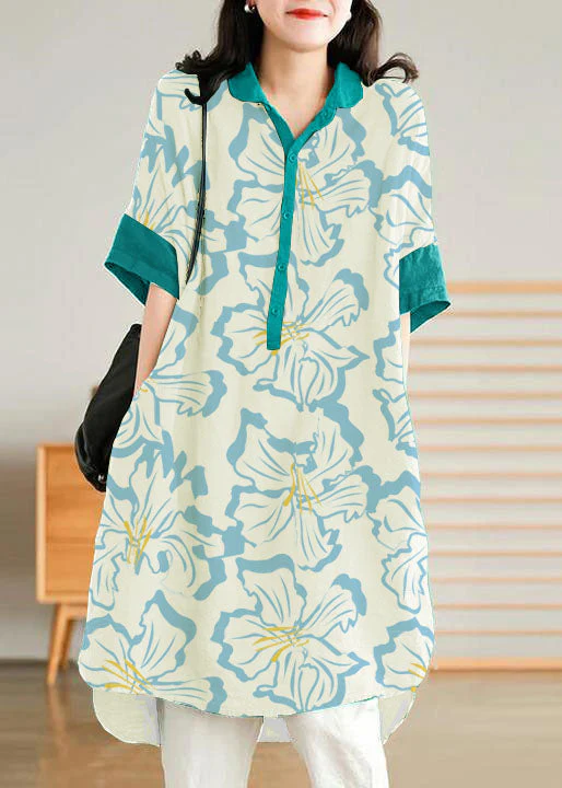 Jade Purple flower Linen Women Casual Linen Shirt Dress - Image 3