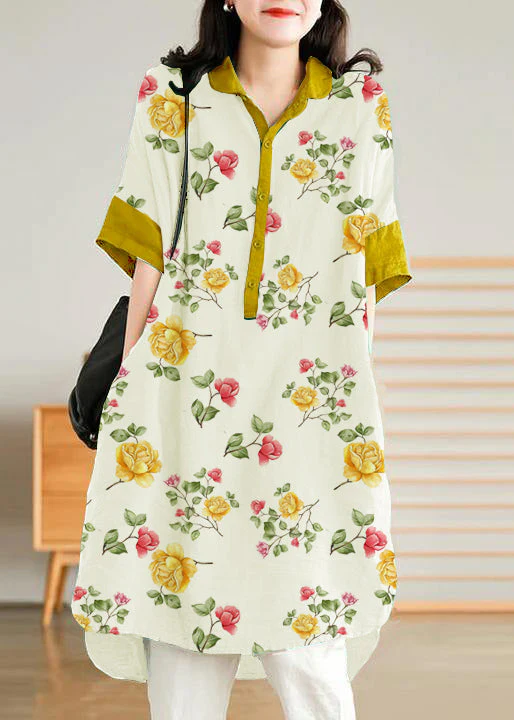 Jade Purple flower Linen Women Casual Linen Shirt Dress - Image 4