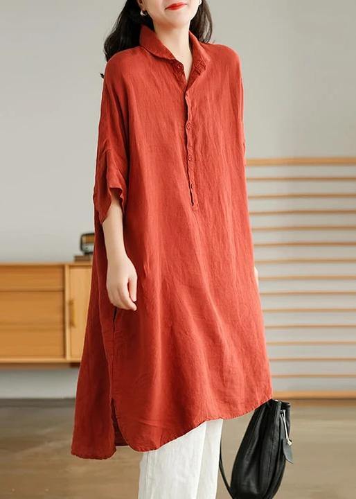 Jade purple-pumpkin stripes polka dots Linen Women Casual Linen Shirt Dress - Image 5