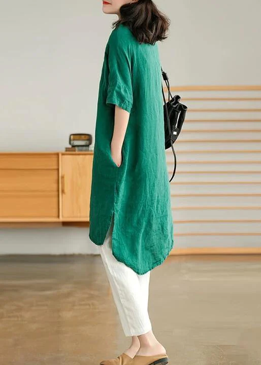 Jade purple-pumpkin stripes polka dots Linen Women Casual Linen Shirt Dress - Image 8