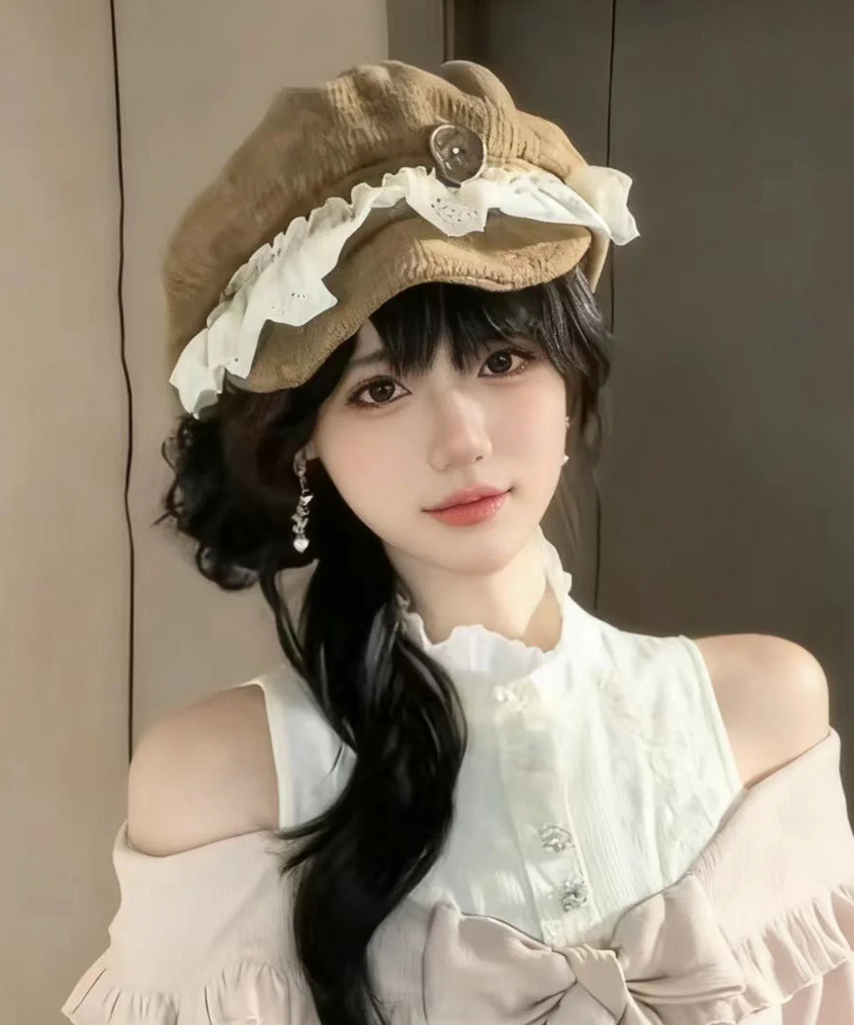 Japanese Khaki Lace Ruffled Octagonal Breton Hat - Image 3