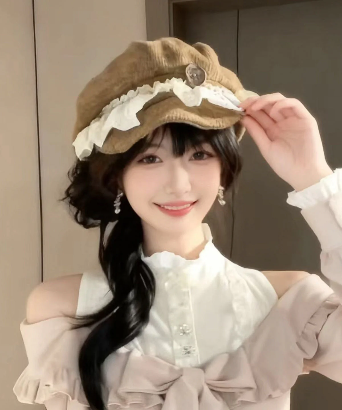Japanese Khaki Lace Ruffled Octagonal Breton Hat - Image 4