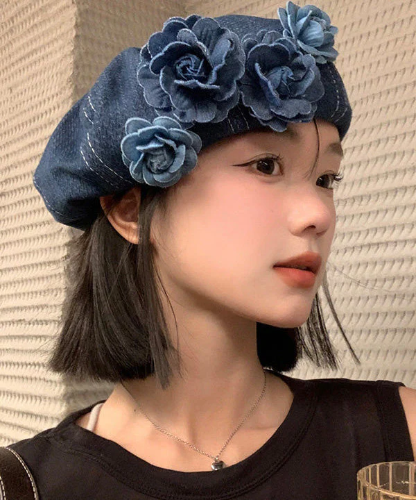 Japanese Style Blue Flower Patchwork Denim Beret Hat - Image 2