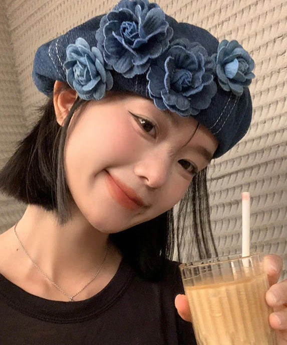 Japanese Style Blue Flower Patchwork Denim Beret Hat - Image 4