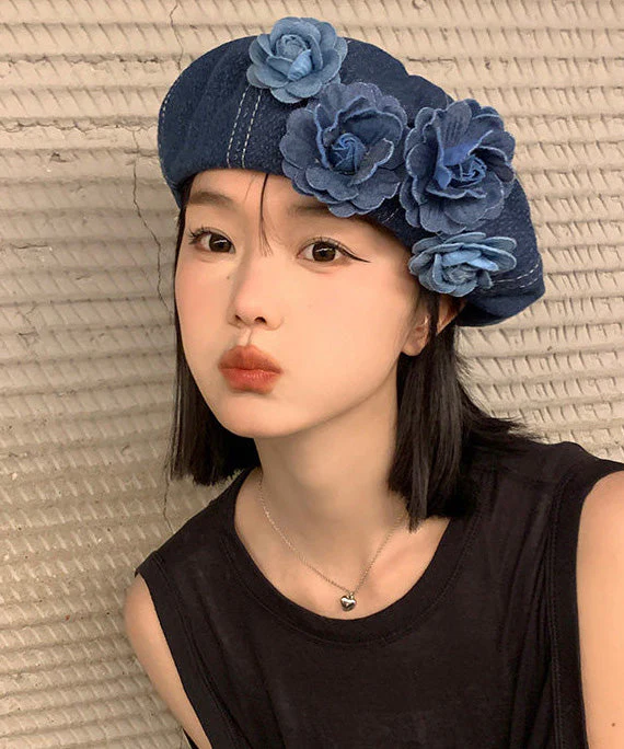 Japanese Style Blue Flower Patchwork Denim Beret Hat - Image 5