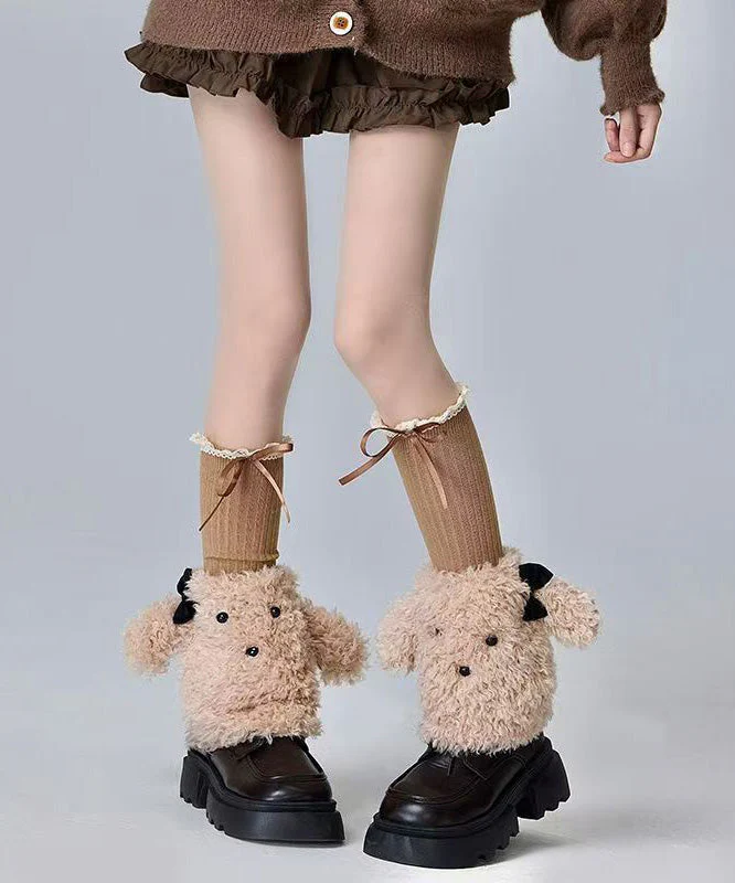 Japanese Style Coffee Bow Fuzzy Fur Fluffy Socks Cover - Image 3