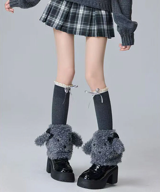 Japanese Style Coffee Bow Fuzzy Fur Fluffy Socks Cover - Image 4
