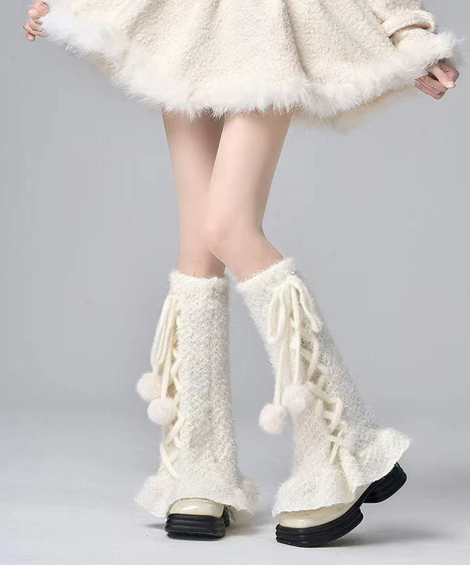Japanese Style White Cross Strap Fuzzy Fur Fluffy Socks Covers
