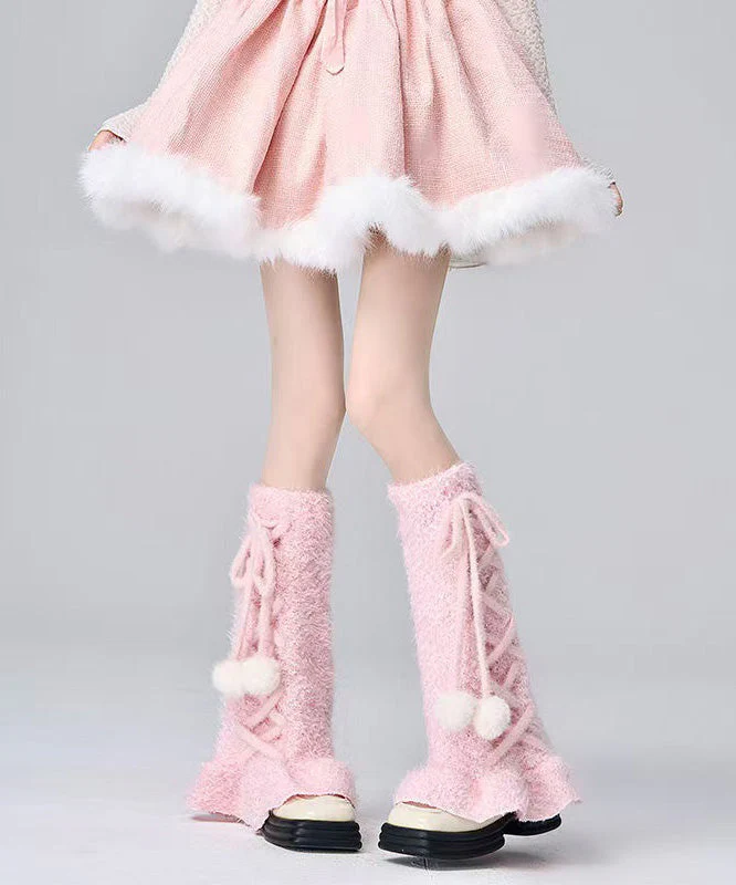 Japanese Style White Cross Strap Fuzzy Fur Fluffy Socks Covers - Image 2
