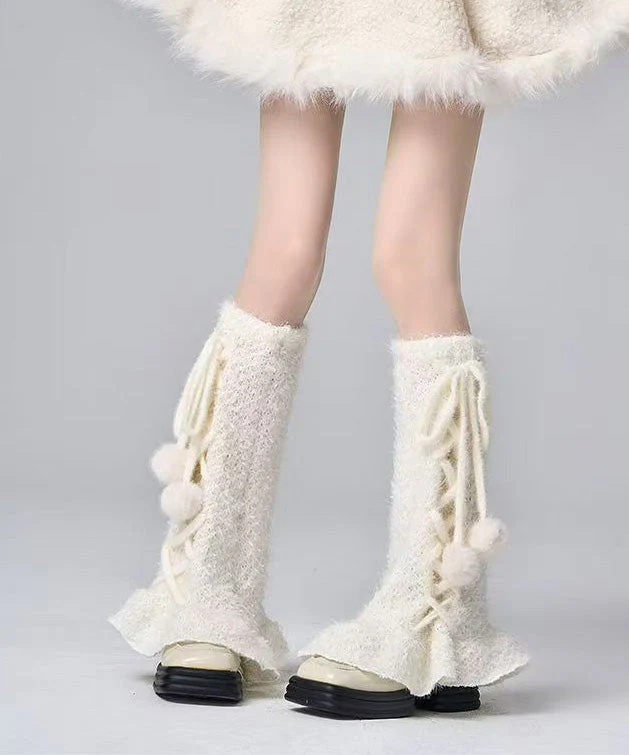 Japanese Style White Cross Strap Fuzzy Fur Fluffy Socks Covers - Image 5