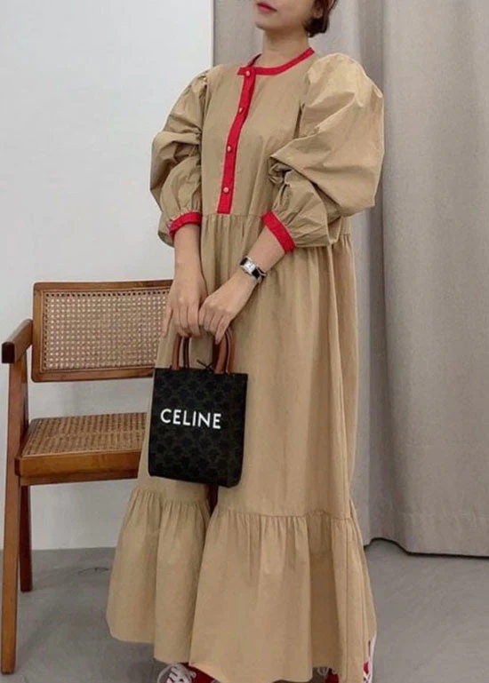 Khaki Button Patchwork Cotton Ankle Dress Spring - Image 2