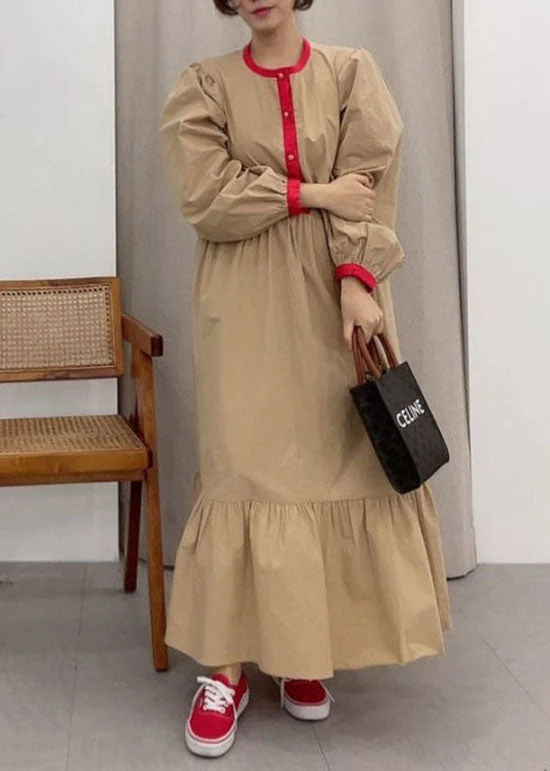 Khaki Button Patchwork Cotton Ankle Dress Spring - Image 3
