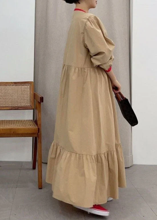Khaki Button Patchwork Cotton Ankle Dress Spring - Image 4