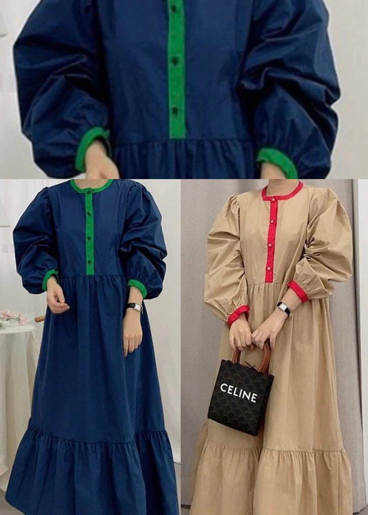Khaki Button Patchwork Cotton Ankle Dress Spring - Image 5