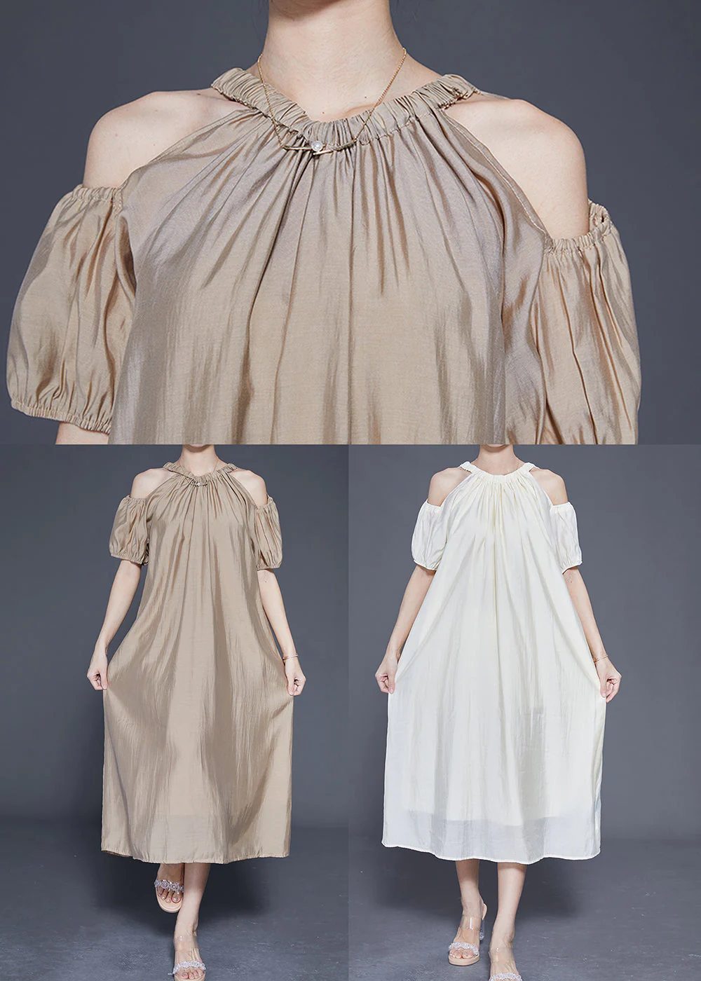 Khaki Cold Shoulder Silk Party Dress Oversized Summer - Image 5