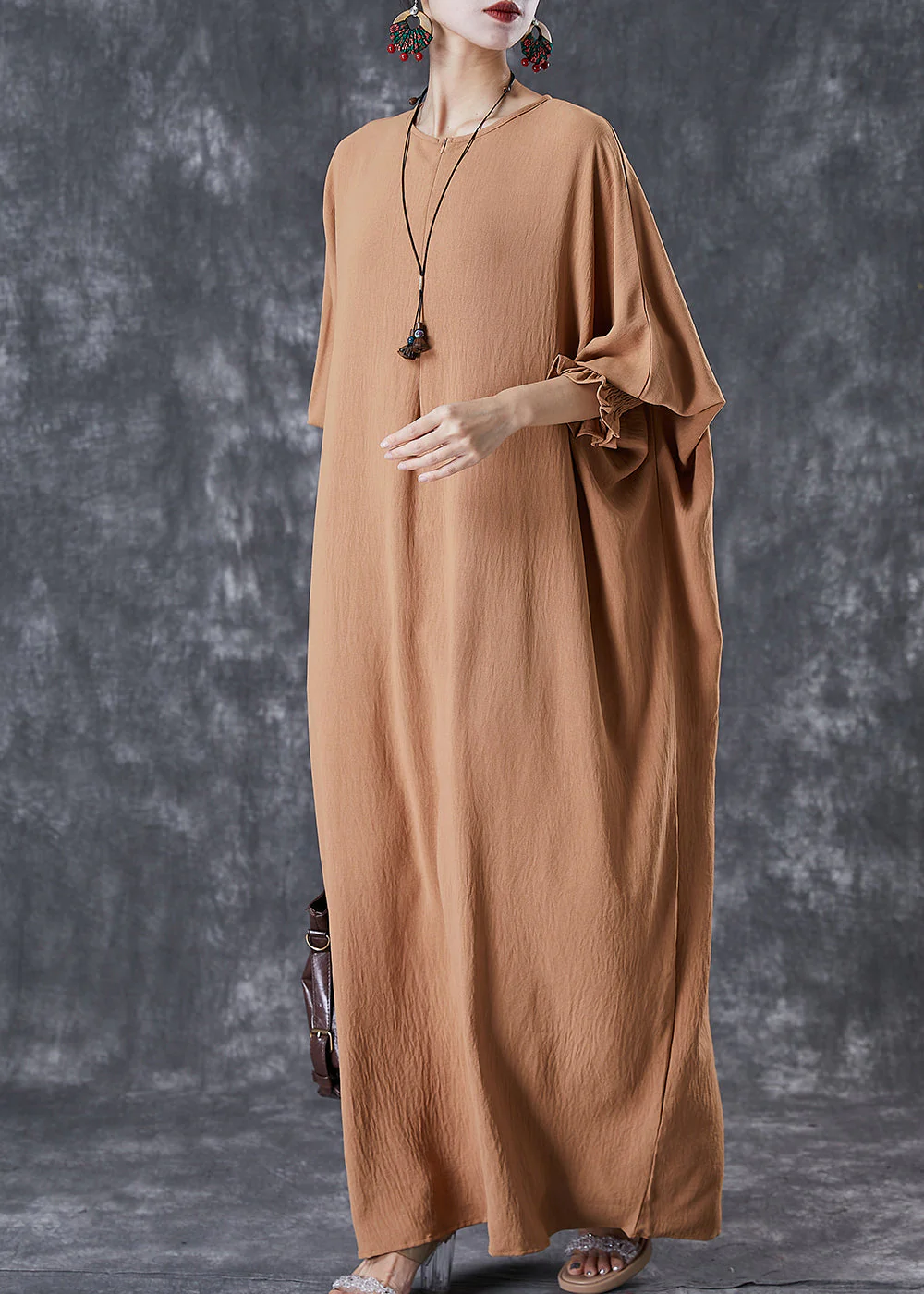 Khaki Cotton Holiday Dress Oversized Batwing Sleeve - Image 2