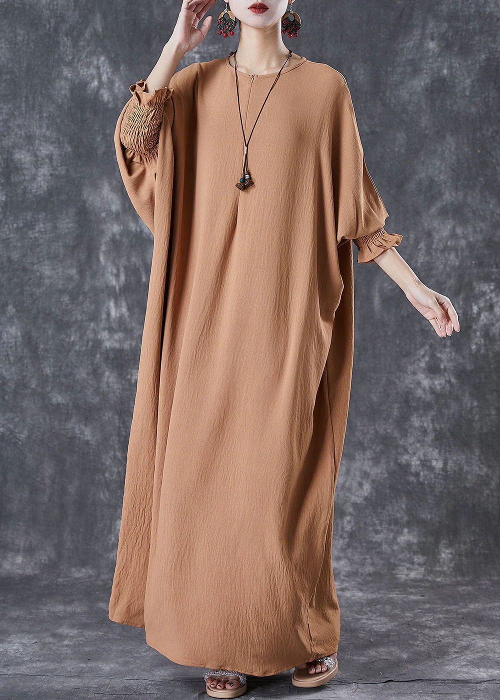 Khaki Cotton Holiday Dress Oversized Batwing Sleeve - Image 3
