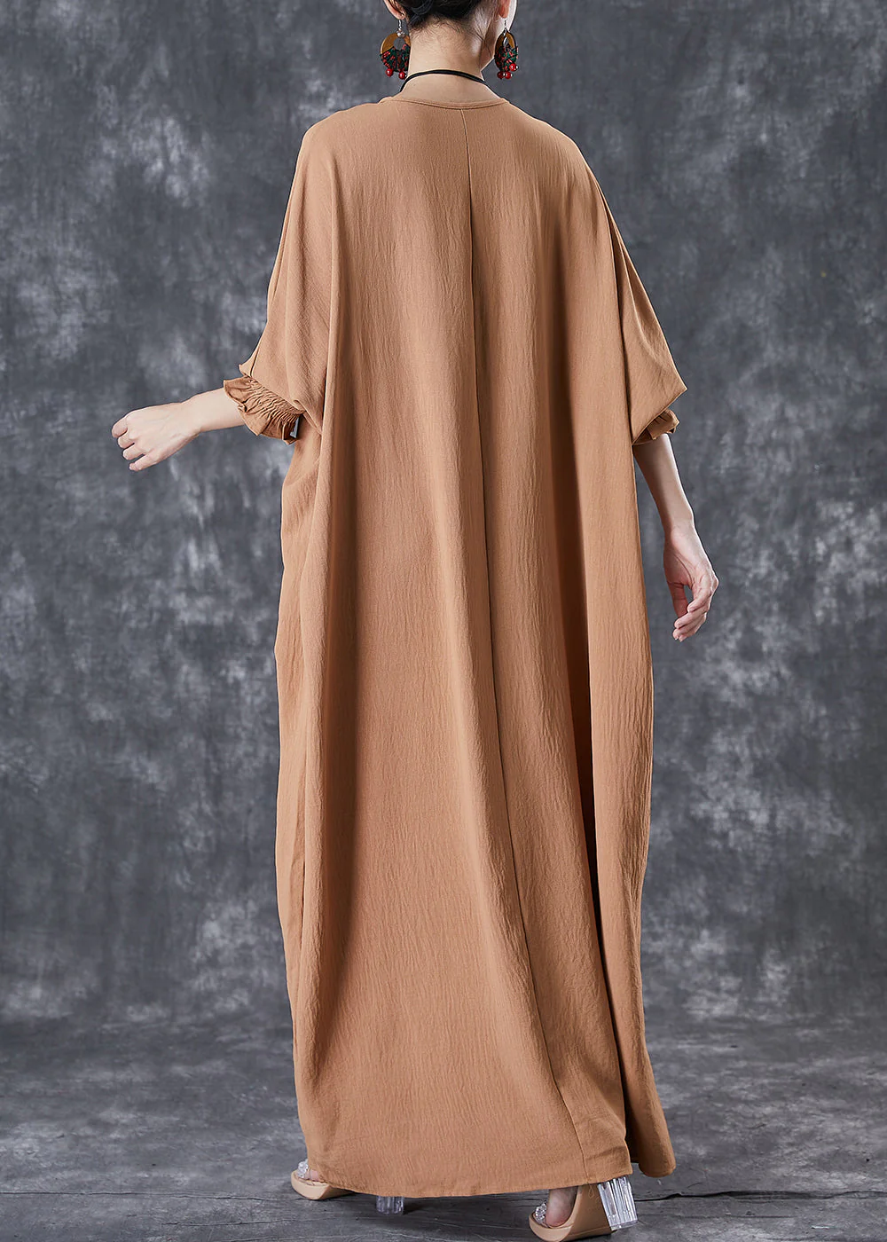 Khaki Cotton Holiday Dress Oversized Batwing Sleeve - Image 4