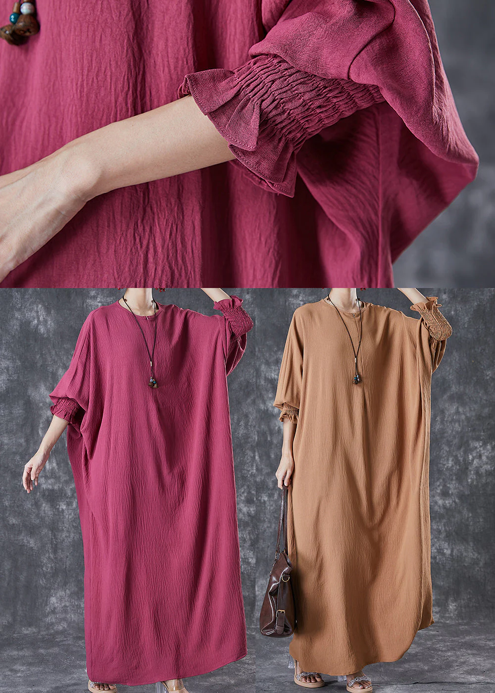 Khaki Cotton Holiday Dress Oversized Batwing Sleeve - Image 5