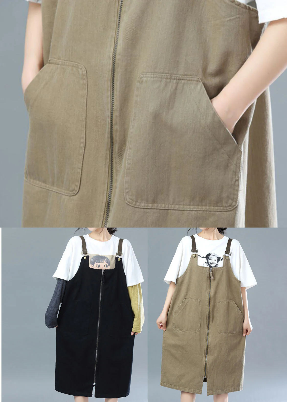 Khaki Cotton Suspender Dresses Zip Up Summer - Image 5