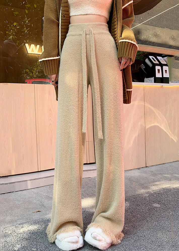 Khaki Elastic Waist Solid Mink Hair Knitted Flare Bottoms Tasseled - Image 2