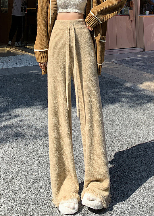 Khaki Elastic Waist Solid Mink Hair Knitted Flare Bottoms Tasseled - Image 3