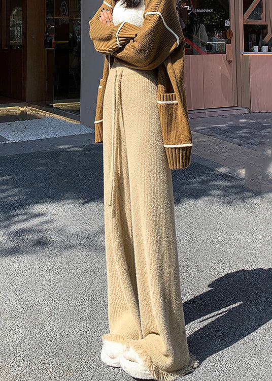 Khaki Elastic Waist Solid Mink Hair Knitted Flare Bottoms Tasseled - Image 4