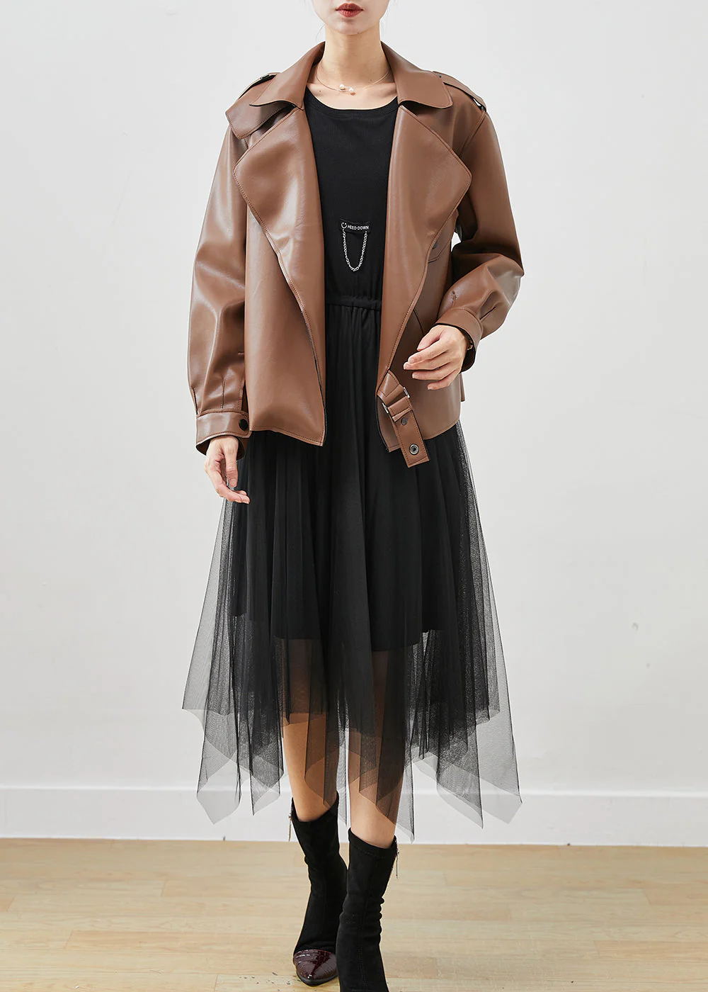 Khaki Faux Leather Coats And Tull Dress Two Piece Suit Set Oversized Spring - Image 3