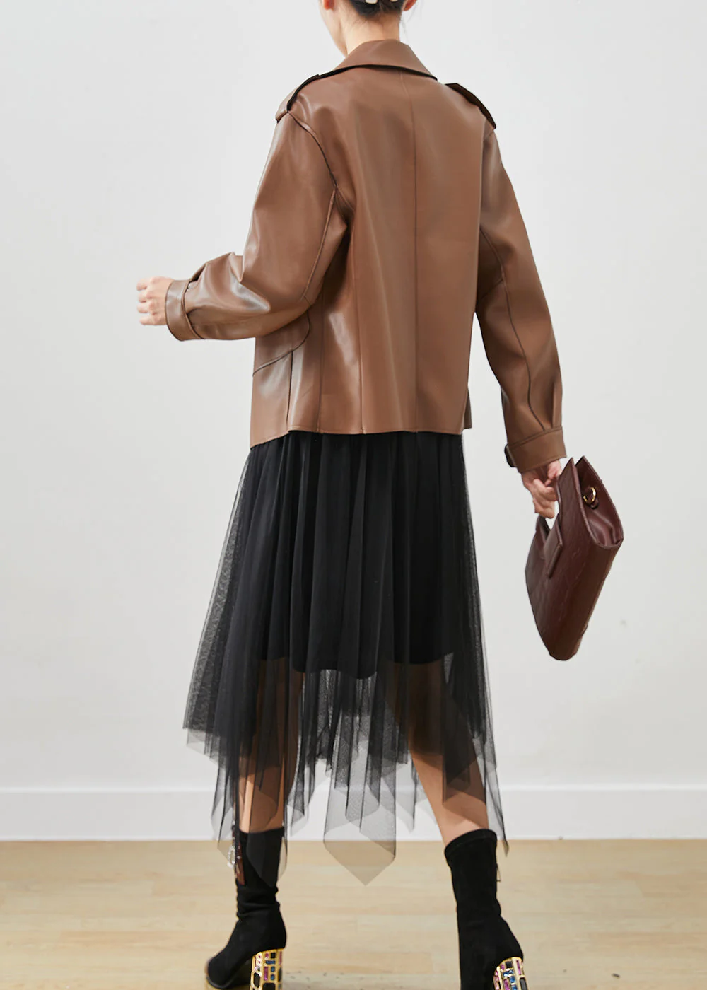 Khaki Faux Leather Coats And Tull Dress Two Piece Suit Set Oversized Spring - Image 4