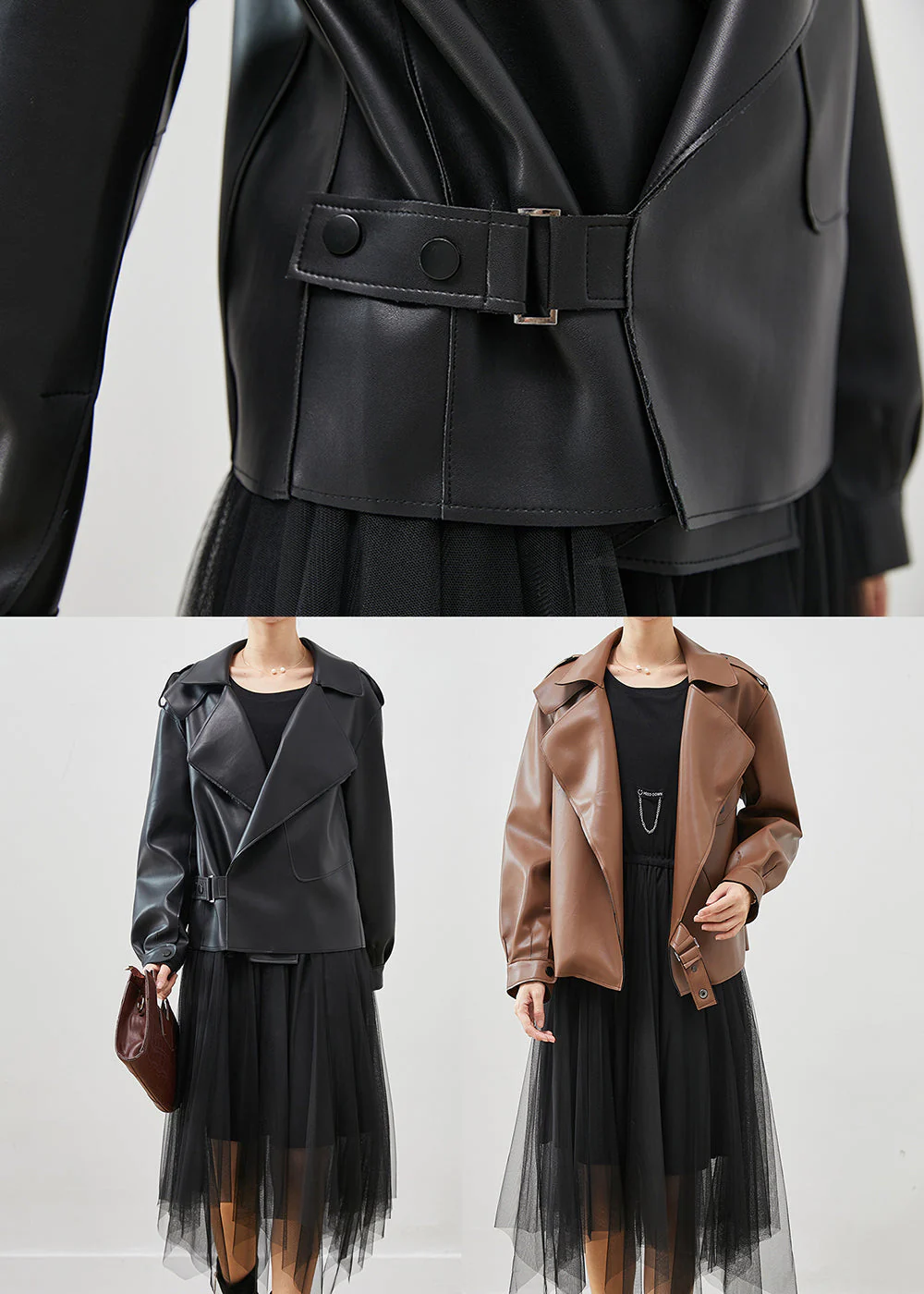 Khaki Faux Leather Coats And Tull Dress Two Piece Suit Set Oversized Spring - Image 5