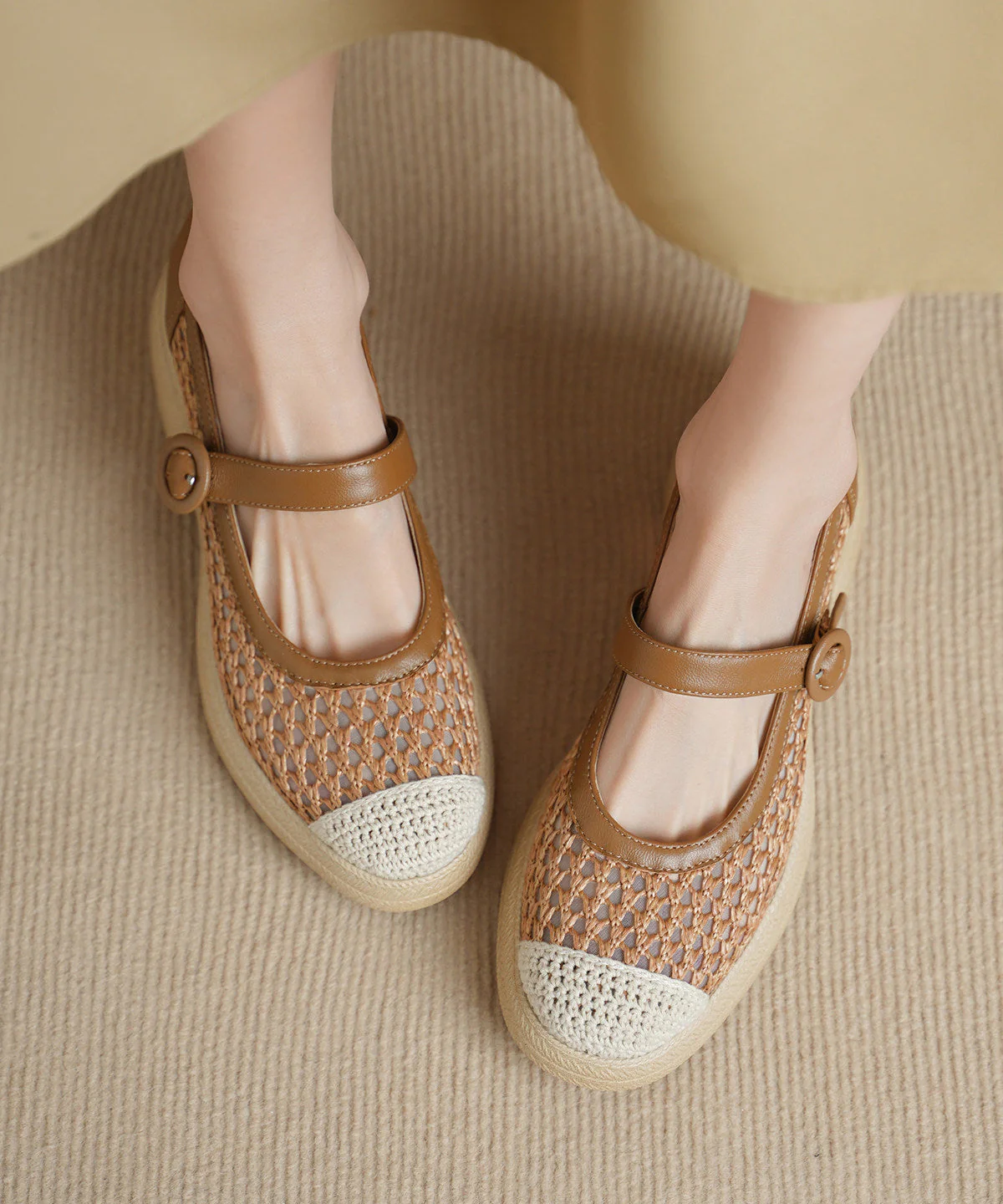 Khaki Flats Knit Fabric Comfy Buckle Strap Flat Shoes For Women - Image 2