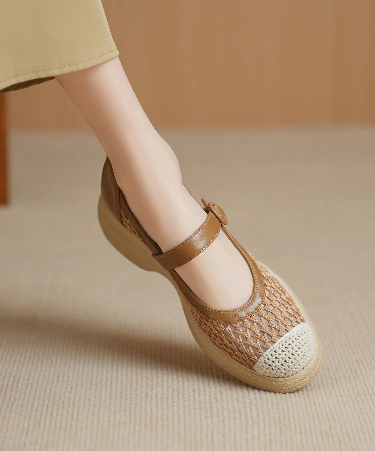 Khaki Flats Knit Fabric Comfy Buckle Strap Flat Shoes For Women - Image 3