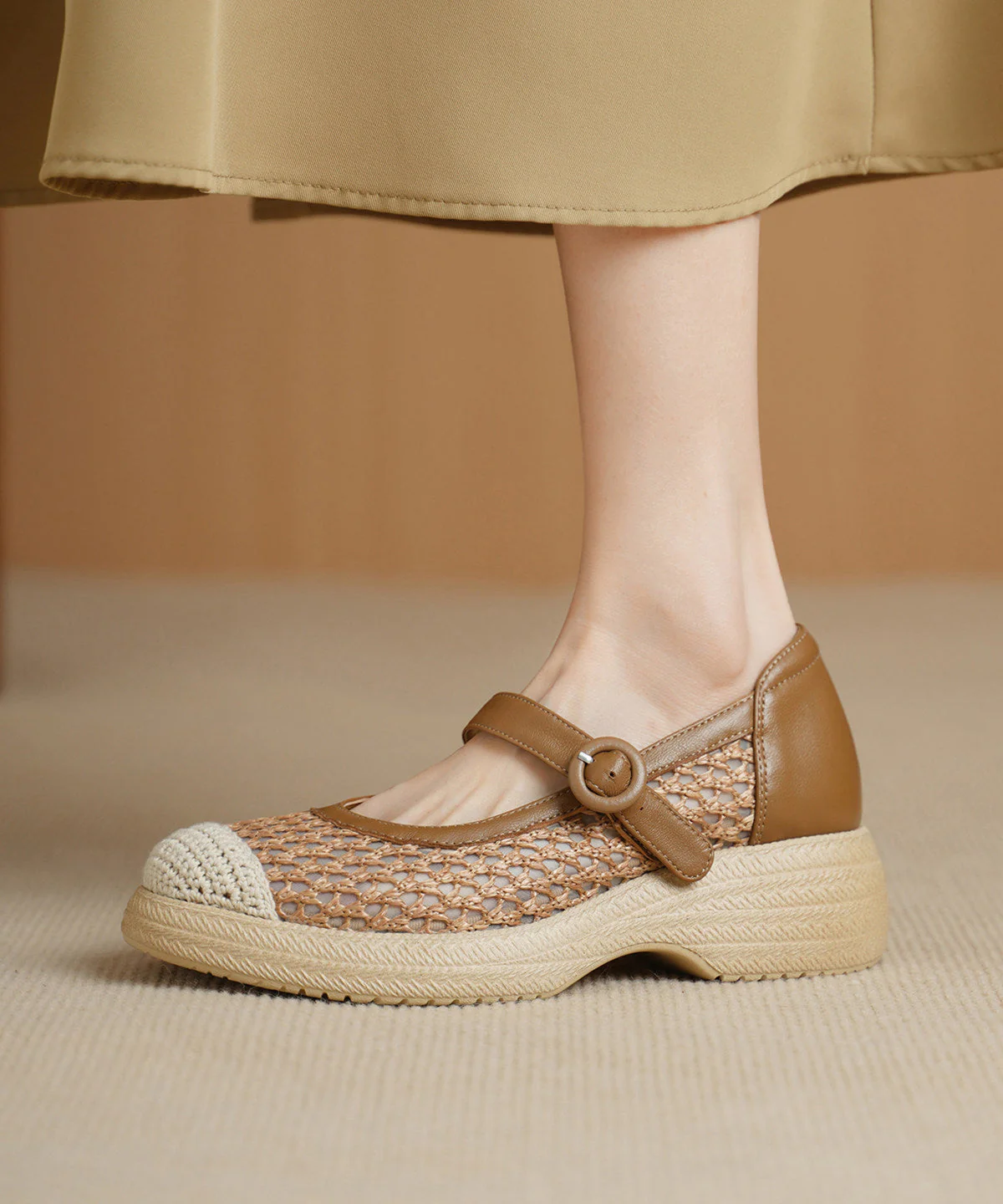 Khaki Flats Knit Fabric Comfy Buckle Strap Flat Shoes For Women - Image 4