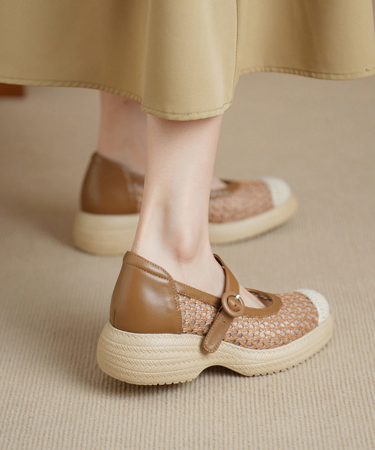 Khaki Flats Knit Fabric Comfy Buckle Strap Flat Shoes For Women - Image 5