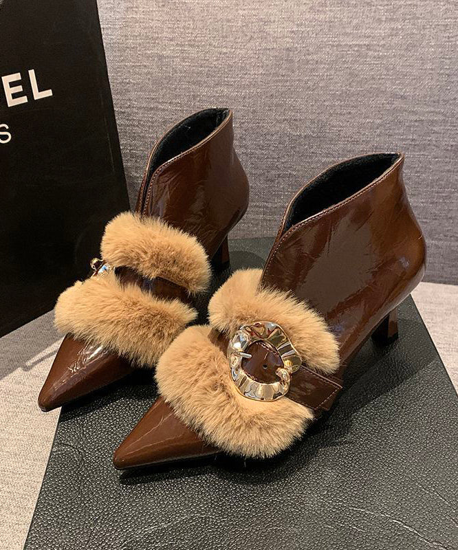Khaki High Heel Faux Leather Beautiful Fur Splicing Boots - Image 2