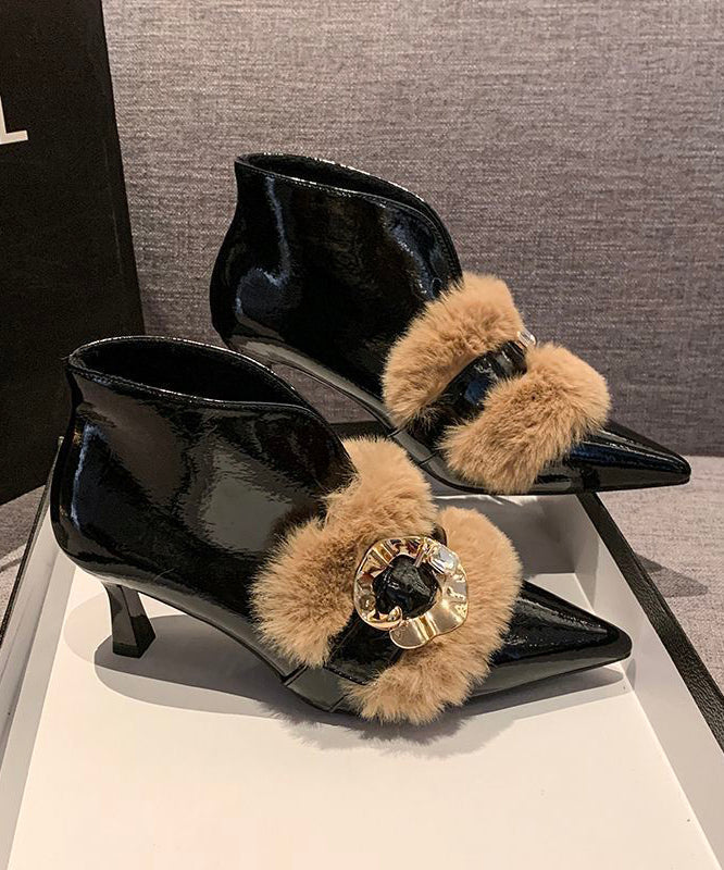 Khaki High Heel Faux Leather Beautiful Fur Splicing Boots - Image 3