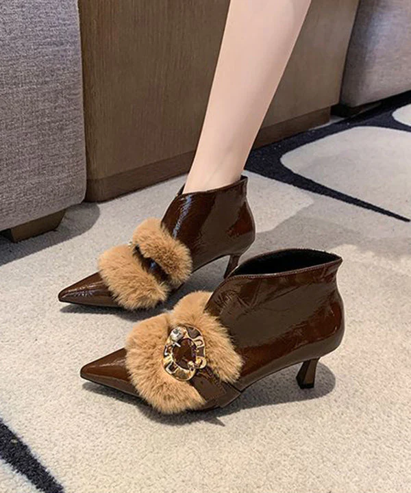 Khaki High Heel Faux Leather Beautiful Fur Splicing Boots - Image 4