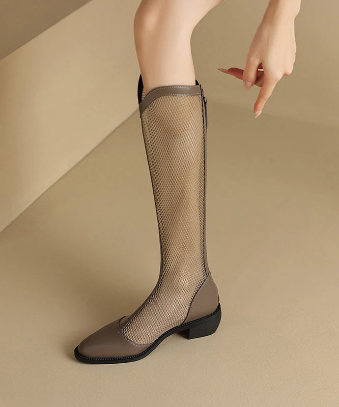 Khaki Hollow Out Chunky Faux Leather Fashion Splicing Boots
