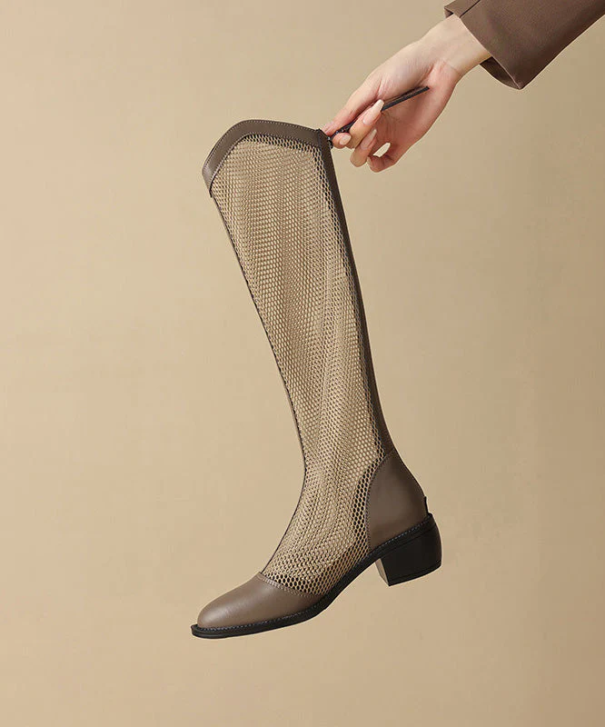 Khaki Hollow Out Chunky Faux Leather Fashion Splicing Boots - Image 4