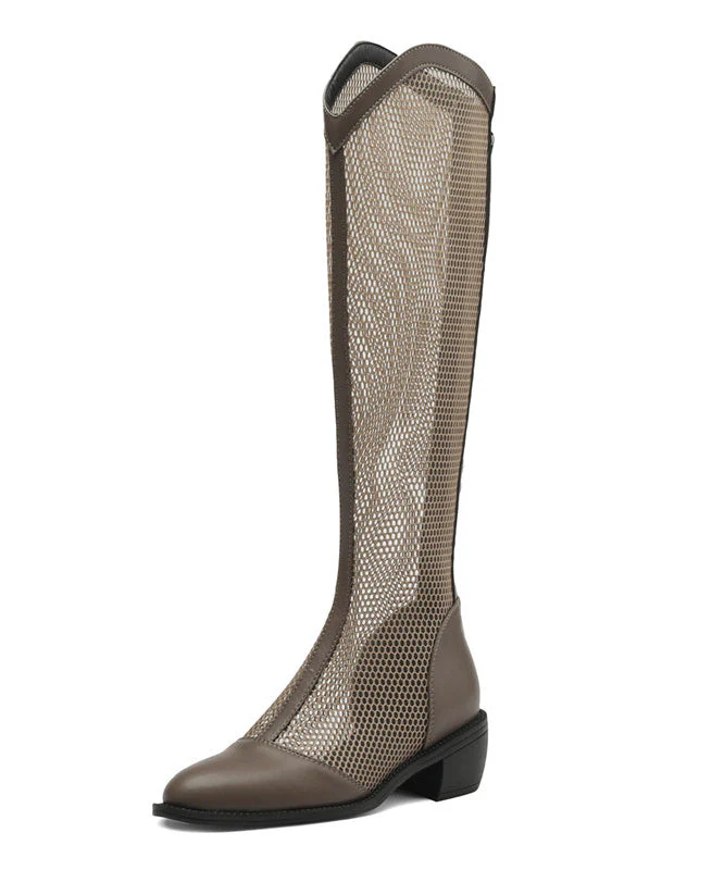 Khaki Hollow Out Chunky Faux Leather Fashion Splicing Boots - Image 5