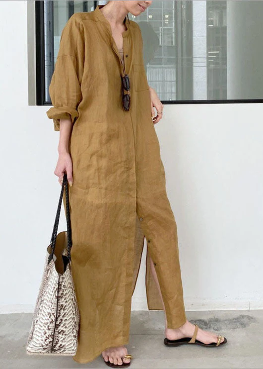Khaki Linen Long Dresses Stand Collar Oversized Spring - Image 2