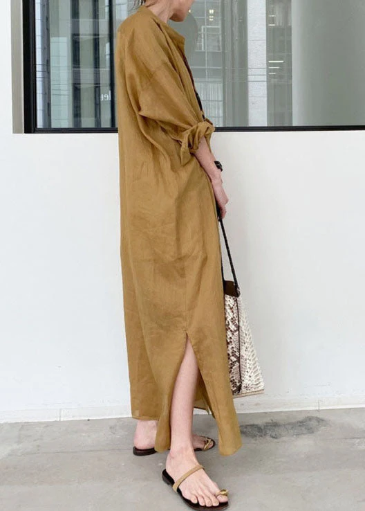 Khaki Linen Long Dresses Stand Collar Oversized Spring - Image 3