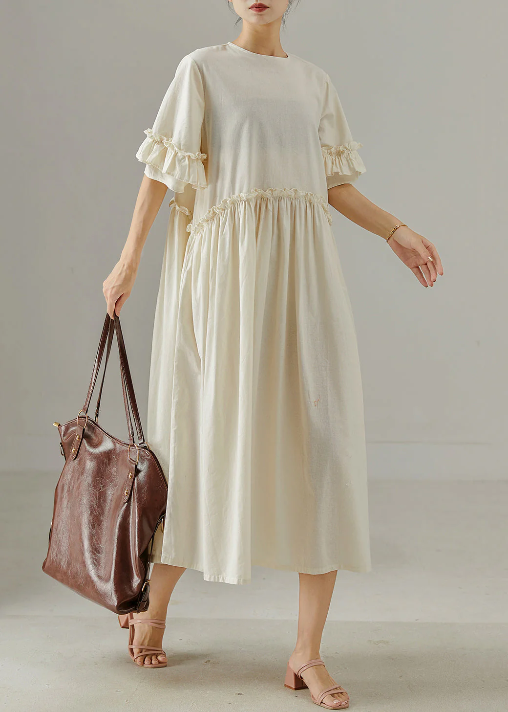Khaki Loose Cotton Maxi Dresses Ruffled Summer - Image 2