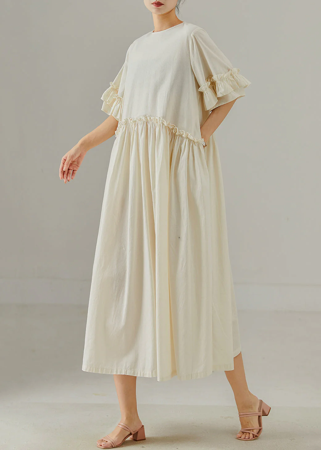 Khaki Loose Cotton Maxi Dresses Ruffled Summer - Image 3
