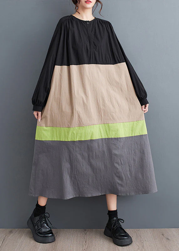 Khaki Loose Patchwork Cotton Long Dresses O Neck Fall - Image 2