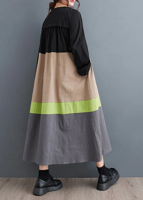 Khaki Loose Patchwork Cotton Long Dresses O Neck Fall - Image 3
