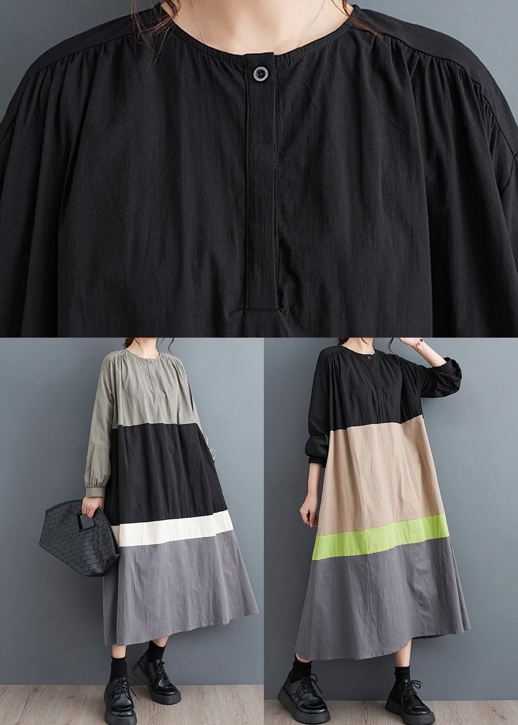 Khaki Loose Patchwork Cotton Long Dresses O Neck Fall - Image 4