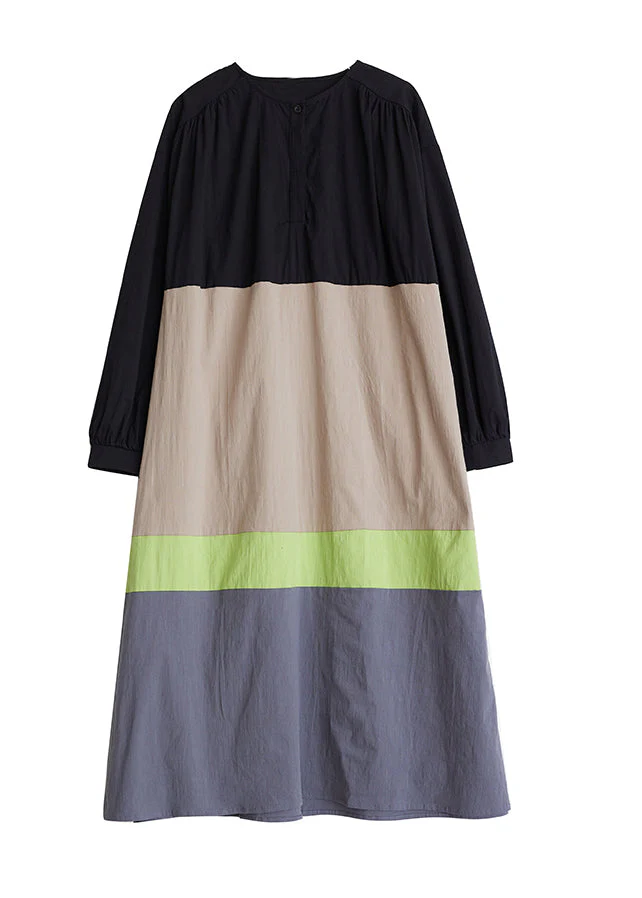 Khaki Loose Patchwork Cotton Long Dresses O Neck Fall - Image 5