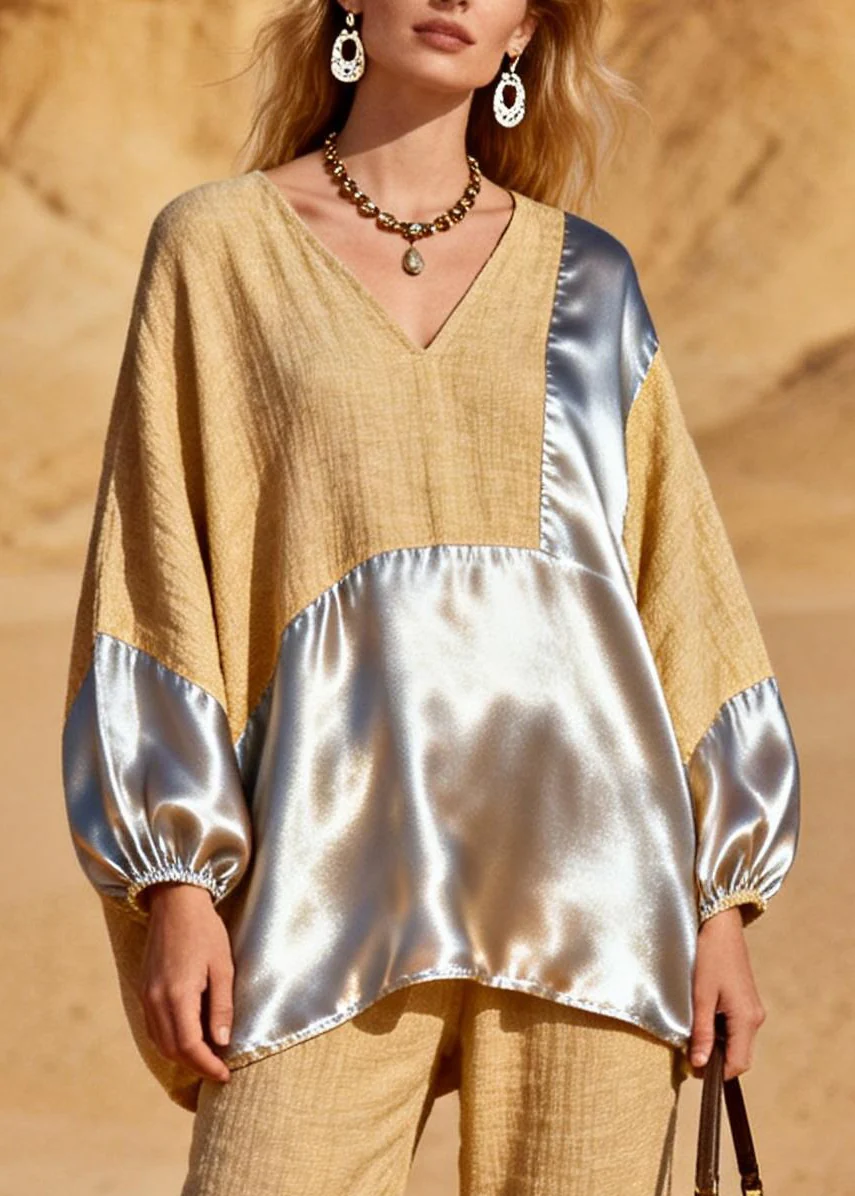 Khaki Loose Tops And Pants Silk Patchwork Two Pieces Set V Neck Spring - Image 2